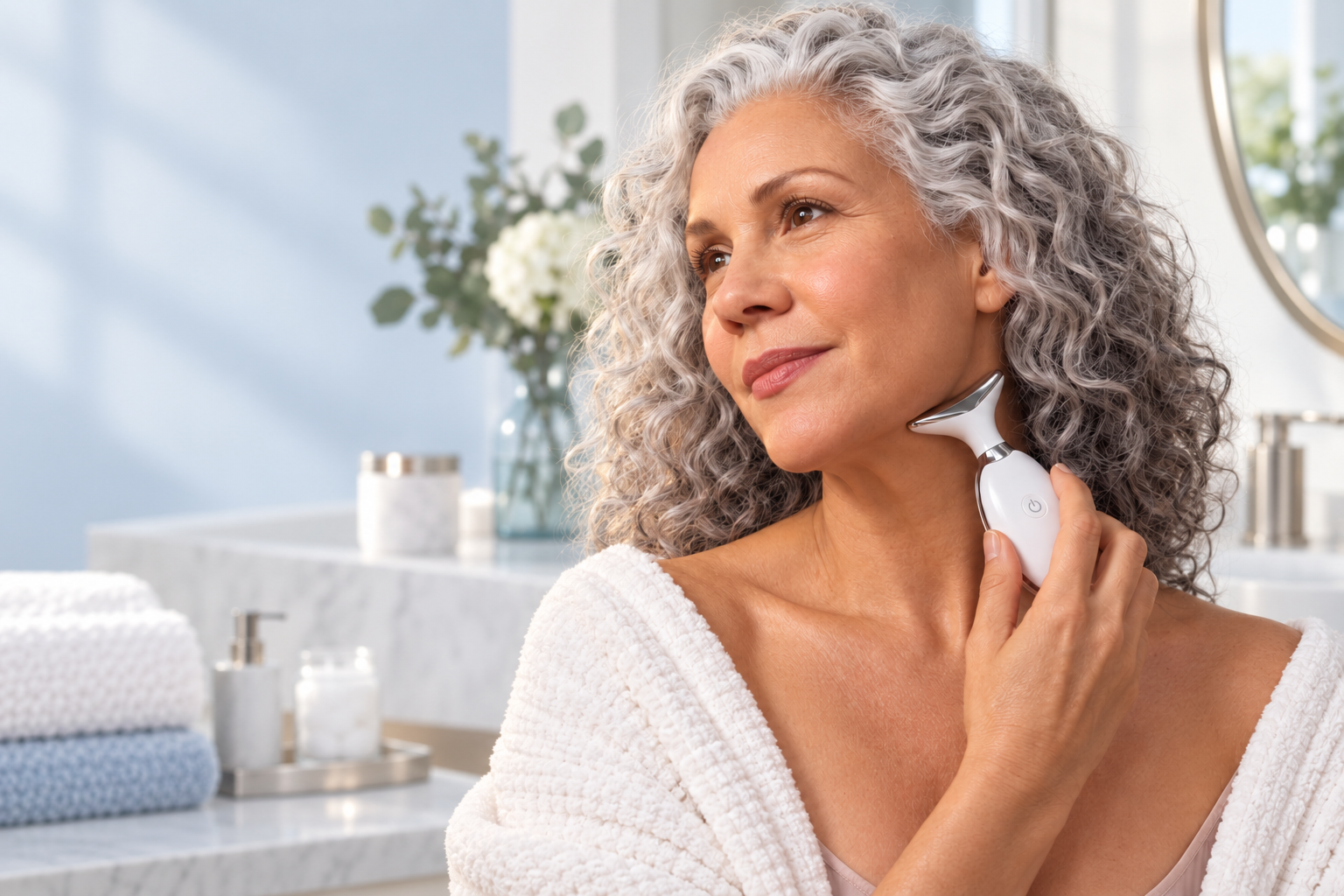 A woman enjoying an at-home neck and facial care routine